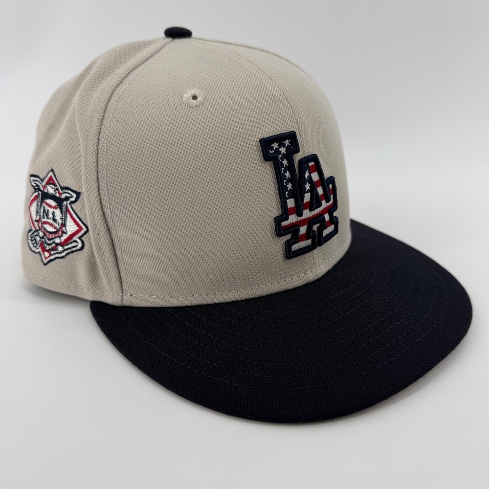 New Era 59FIFTY Los Angeles Dodgers July 4th Stars Stripes Hat 7 1/8 Tan Navy